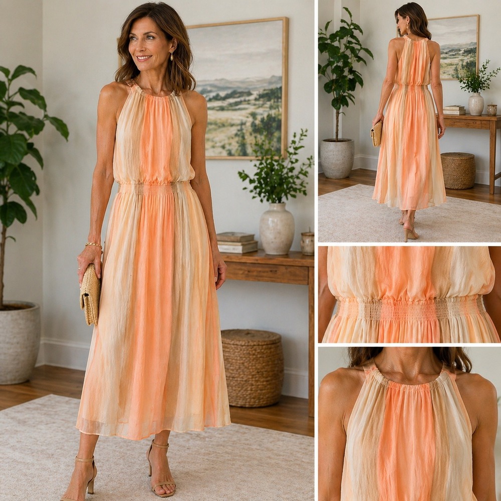 Chico's Sleeveless Chiffon Midi Dress Peach Ombre Stripe Elastic Waist Sz 10